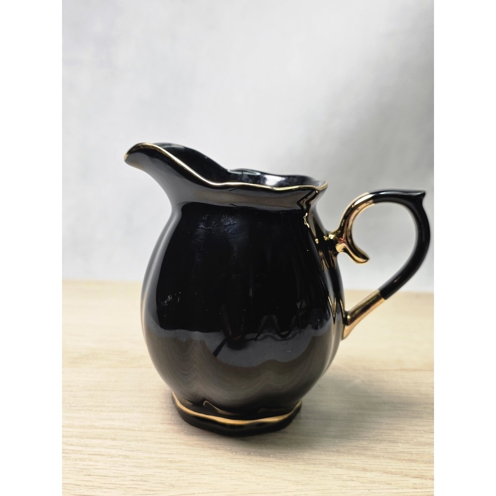 Grace Teaware Black Porcelain Creamer Pitcher Gold Trim Scalloped Edge